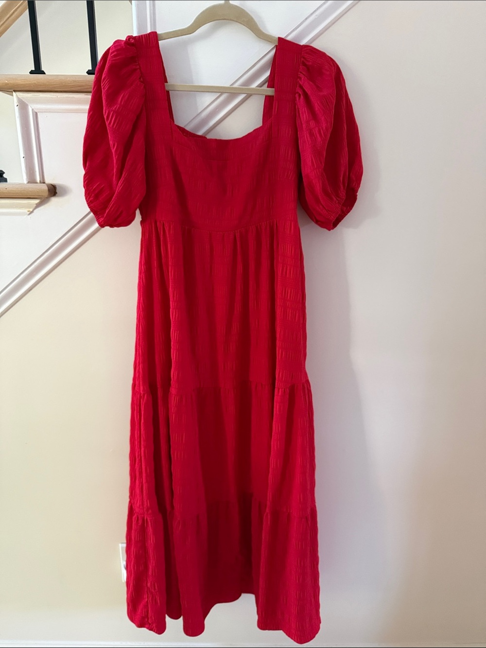 Women's Red Puff-Sleeve Midi Dress with Square Neckline